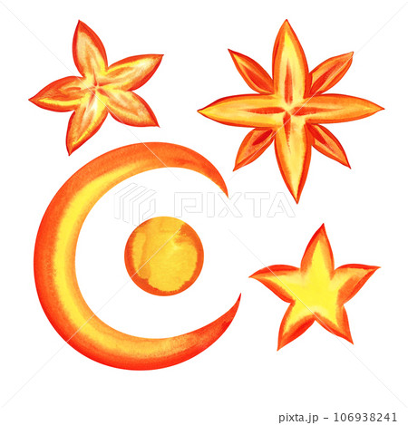 The Islamic crescent for Ramadan Karim is an isolated design element. Golden crescent and stars. Handmade watercolor illustration. For postcards, decorations, compositions. for labels, packages. 106938241