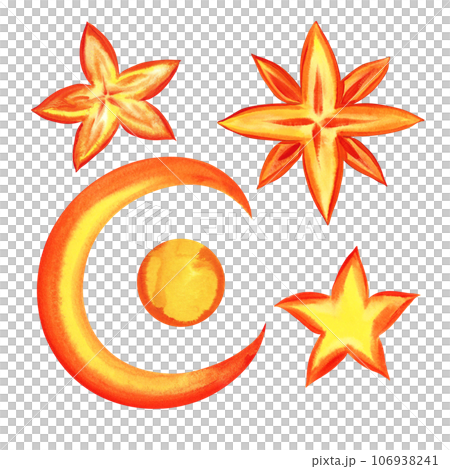 The Islamic crescent for Ramadan Karim is an isolated design element. Golden crescent and stars. Handmade watercolor illustration. For postcards, decorations, compositions. for labels, packages. 106938241