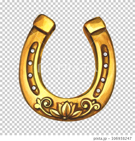 The horseshoe is golden. A symbol of good luck. Handmade watercolor illustration. Isolate. For printing, stickers and labels. For postcards, prints and packaging. For banners and posters The horseshoe is golden. A symbol of good luck. Handmade watercolor illustration. Isolate. For printing, stickers and labels. For postcards, prints and packaging. For banners and posters 106938247