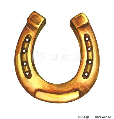 The horseshoe is golden. A symbol of good luck. Handmade watercolor illustration. Isolate. For printing, stickers and labels. For postcards, prints and packaging. For banners and posters The horseshoe is golden. A symbol of good luck. Handmade watercolor illustration. Isolate. For printing, stickers and labels. For postcards, prints and packaging. For banners and posters 106938248