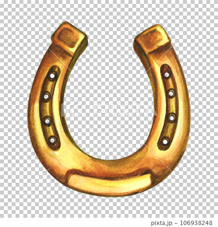 The horseshoe is golden. A symbol of good luck. Handmade watercolor illustration. Isolate. For printing, stickers and labels. For postcards, prints and packaging. For banners and posters The horseshoe is golden. A symbol of good luck. Handmade watercolor illustration. Isolate. For printing, stickers and labels. For postcards, prints and packaging. For banners and posters 106938248