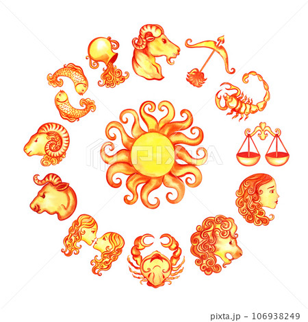 Zodiac signs according to the horoscope. The watercolor is hand-drawn. Artistic, color, colorized illustration. Isolate. For astrological forecasts, calendars, printed materials. For stickers, poster Zodiac signs according to the horoscope. The watercolor is hand-drawn. Artistic, color, colorized illustration. Isolate. For astrological forecasts, calendars, printed materials. For stickers, poster 106938249