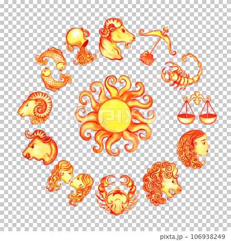 Zodiac signs according to the horoscope. The watercolor is hand-drawn. Artistic, color, colorized illustration. Isolate. For astrological forecasts, calendars, printed materials. For stickers, poster Zodiac signs according to the horoscope. The watercolor is hand-drawn. Artistic, color, colorized illustration. Isolate. For astrological forecasts, calendars, printed materials. For stickers, poster 106938249
