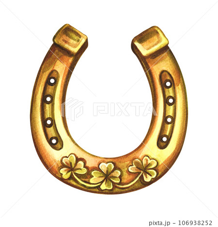 Horseshoe with four-leaf clover. A symbol of good luck. Handmade watercolor illustration. Isolate. For printing, stickers and labels. For postcards, prints and packaging. For banners, posters Horseshoe with four-leaf clover. A symbol of good luck. Handmade watercolor illustration. Isolate. For printing, stickers and labels. For postcards, prints and packaging. For banners, posters 106938252