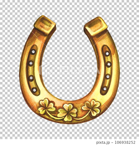 Horseshoe with four-leaf clover. A symbol of good luck. Handmade watercolor illustration. Isolate. For printing, stickers and labels. For postcards, prints and packaging. For banners, posters Horseshoe with four-leaf clover. A symbol of good luck. Handmade watercolor illustration. Isolate. For printing, stickers and labels. For postcards, prints and packaging. For banners, posters 106938252
