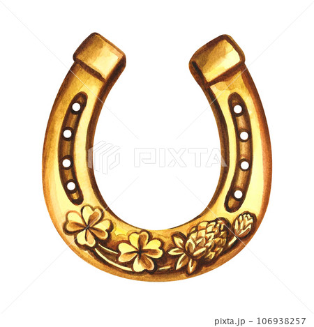 Horseshoe with four-leaf clover. A symbol of good luck. Handmade watercolor illustration. Isolate. For printing, stickers and labels. For postcards, prints and packaging. For banners, posters Horseshoe with four-leaf clover. A symbol of good luck. Handmade watercolor illustration. Isolate. For printing, stickers and labels. For postcards, prints and packaging. For banners, posters 106938257