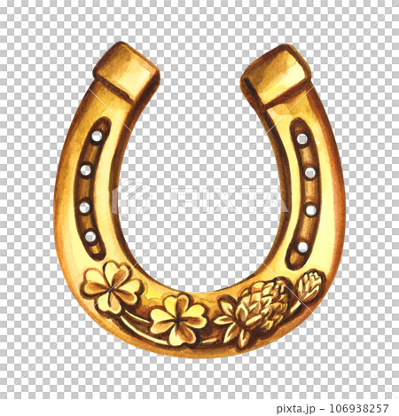 Horseshoe with four-leaf clover. A symbol of good luck. Handmade watercolor illustration. Isolate. For printing, stickers and labels. For postcards, prints and packaging. For banners, posters Horseshoe with four-leaf clover. A symbol of good luck. Handmade watercolor illustration. Isolate. For printing, stickers and labels. For postcards, prints and packaging. For banners, posters 106938257