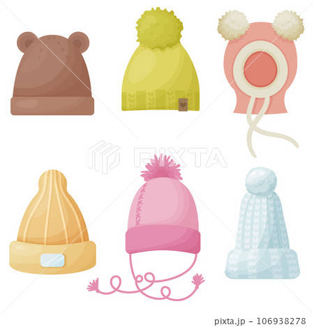 Set of children winter and autumn hats. Vector cartoon illustration for winter or fall design isolated on a white background. Set of children winter and autumn hats. Vector cartoon illustration for winter or fall design isolated on a white background. 106938278