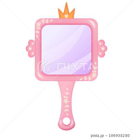 Cute pink princess hand mirror with crown. Antique accessory. Cartoon baby queen decor. Vector illustration. Cute pink princess hand mirror with crown. Antique accessory. Cartoon baby queen decor. Vector illustration. 106938280
