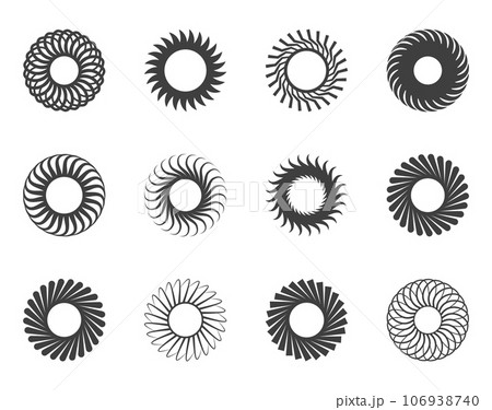 Spiral and swirl motion twisting circles design element set. Spiral and swirl motion twisting circles design element set. 106938740