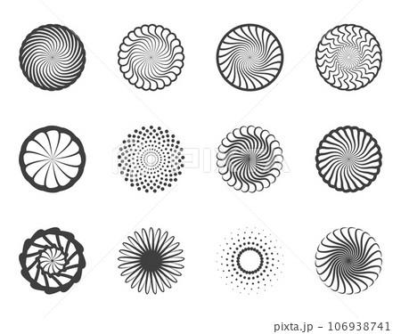 Spiral and swirl motion twisting circles design element set. Spiral and swirl motion twisting circles design element set. 106938741