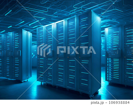 Futuristic Concept of Data Center In Warehouse, Information Digitalization Lines Streaming Through Server Room. Futuristic Concept of Data Center In Warehouse, Information Digitalization Lines Streaming Through Server Room. 106938884