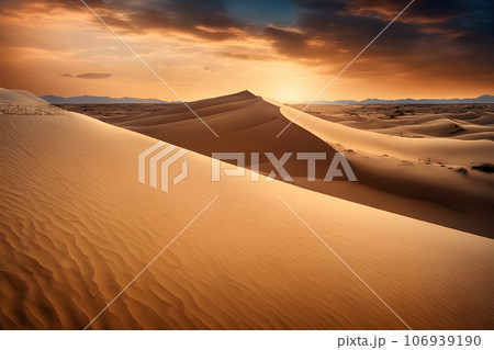 sunset in the desert sand dunes with cloud sky background 106939190