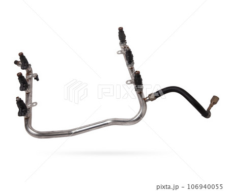 Close-up on a car fuel injector for supplying gasoline to cylinder engine on a white isolated background. Spare parts catalog. 106940055