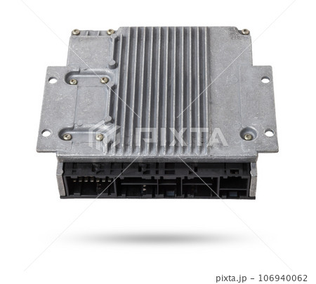 Plastic car engine control unit with metal elements on a white isolated background is the connecting center of various subsystems, units and assemblies. Monitoring the state of the moment. Spare part 106940062