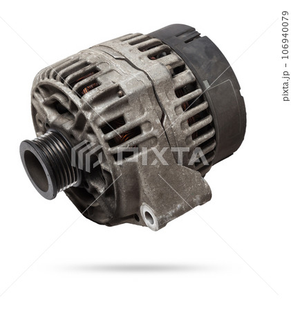 Car generator, car electrical network element on white background, generator details close-up. Spare auto parts for repair. Car generator, car electrical network element on white background, generator details close-up. Spare auto parts for repair. 106940079