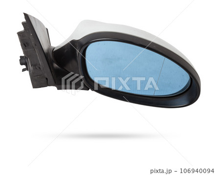 Close-up on a side mirror from a car with turn signal repeaters for repair and replacement after an accident in a workshop. Auto service industry. Spare parts catalog. 106940094