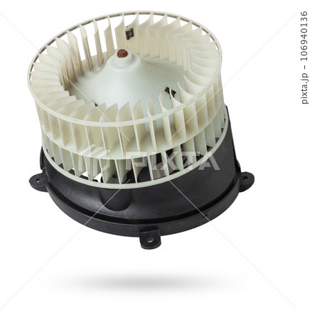 Heater fan - spare part and element of car air conditioning system on white isolated background. Auto service industry. Spare parts catalog. 106940136