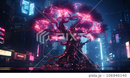 Cyberpunk Retro Futuristic Tree with Neon Lights 106940140