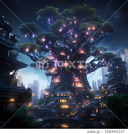 Cyberpunk Retro Futuristic Tree with Neon Lights 106940147