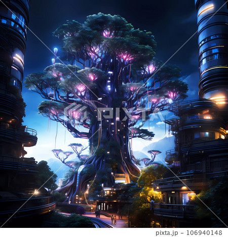 Cyberpunk Retro Futuristic Tree with Neon Lights Cyberpunk Retro Futuristic Tree with Neon Lights 106940148