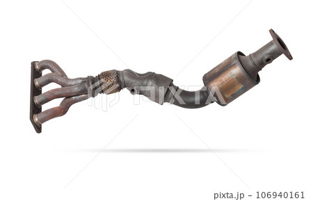 Automotive catalyst removed from a vehicle for repair with a ceramic coating inside as part of an exhaust system to remove harmful emissions in a car repair shop Automotive catalyst removed from a vehicle for repair with a ceramic coating inside as part of an exhaust system to remove harmful emissions in a car repair shop 106940161