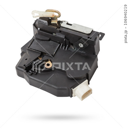 Detail of a car spare part made of black plastic and metal - door lock separately isolated on a white background. Repair in a car workshop, equipment for sale. 106940219