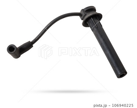 Black ignition wire of a high voltage for spark plug on blue and red background. Car spare parts catalog. Top view. 106940225
