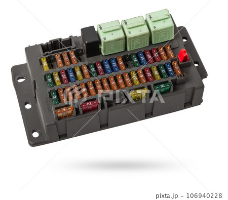 Automotive fuses box in different colors and each color is responsible for the specific value of the protection defined in amperes. Catalog of spare parts. 106940228