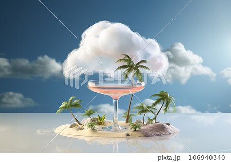 Toy island with cocktail and palm trees, blue sky with clouds 106940340