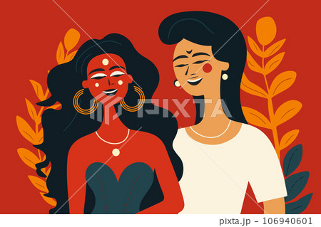 Colorful portrait of a young Indian couple on a date in a summer park. Portrait of smiling happy man and woman spending time together 106940601