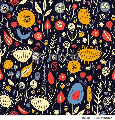 Colorful doodle flowers and herbs in a seamless vector pattern. Children's floral illustration of plants in the garden at night 106940602