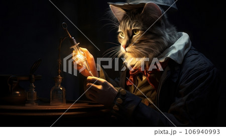 A fairytale cat holds a glowing flashlight with human hands in a clinic. A fairytale cat holds a glowing flashlight with human hands in a clinic. 106940993