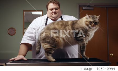 A large, fat, obese cat at a veterinarian's appointment in a clinic. A large, fat, obese cat at a veterinarian's appointment in a clinic. 106940994