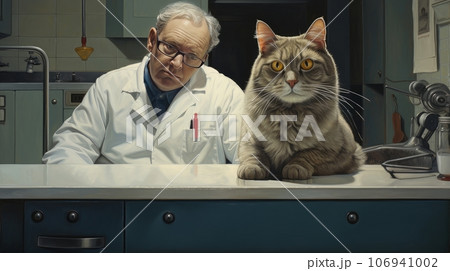 A charismatic elderly veterinarian in glasses and a mask with a stethoscope examines a cat  106941002