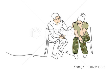 ptsd therapy, post-traumatic stress disorder treatment vector illustration. Female veteran, soldier and psychotherapist. One continuous line art drawing of ptsd therapy 106941006