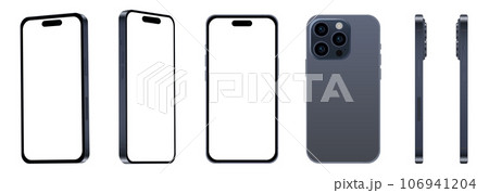 Set of 6pcs from different angles, 15 PRO blue titanium smartphone models NEW, mockup for web design on white background 106941204