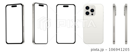 Set of 6 pcs at different angles, 15 PRO white titanium smartphone models NEW, mockup for web design on white background 106941205