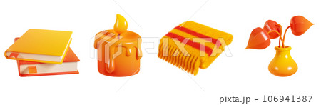 Autumn cozy seasonal elements 3d render illustration set - stack of books with hard cover, candle with flame, fluffy warm plaid or scarf and bouquet of phisalis lanterns in vase. Fall design elements. 106941387