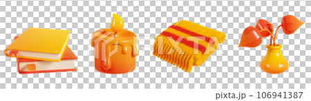 Autumn cozy seasonal elements 3d render illustration set - stack of books with hard cover, candle with flame, fluffy warm plaid or scarf and bouquet of phisalis lanterns in vase. Fall design elements. 106941387