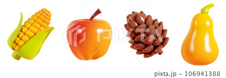 Autumn seasonal fruits and vegetables 3d render illustration set - ripe fall harvest icons of food. Yellow corn cob aith green leaves, red and orange apple, brown pinecone and pear shaped pumpkin. Autumn seasonal fruits and vegetables 3d render illustration set - ripe fall harvest icons of food. Yellow corn cob aith green leaves, red and orange apple, brown pinecone and pear shaped pumpkin. 106941388