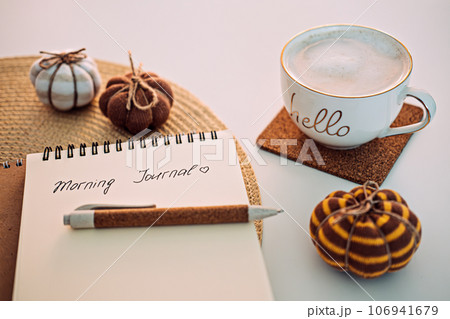 Morning Journal, Journaling Techniques Tips for Writing Morning Pages. Open notebook with text Morning Journal, coffee cup, pen and decor on table Morning Journal, Journaling Techniques Tips for Writing Morning Pages. Open notebook with text Morning Journal, coffee cup, pen and decor on table 106941679