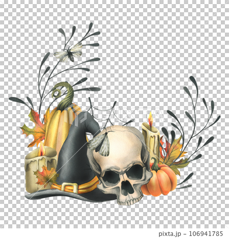 Human skull, black witch hat, orange pumpkins, branches, candles and autumn maple leaves. Hand drawn watercolor illustration for Halloween. Frame, wreath, template on a white background 106941785