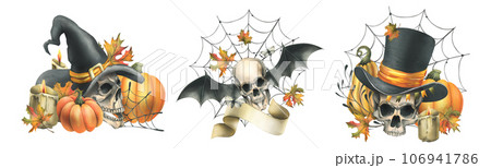 Human skulls in hats with bat wings, pumpkins, autumn leaves and candles. Hand drawn watercolor illustration for Halloween. Set of different compositions on a white background. 106941786