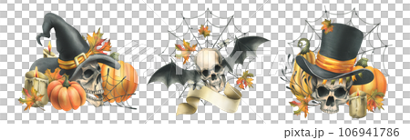 Human skulls in hats with bat wings, pumpkins, autumn leaves and candles. Hand drawn watercolor illustration for Halloween. Set of different compositions on a white background. 106941786