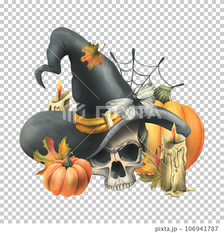 Human skull in a black witch hat with orange pumpkins, cobwebs, candles and autumn maple leaves. Hand drawn watercolor illustration for Halloween. Isolated composition on a white background 106941787