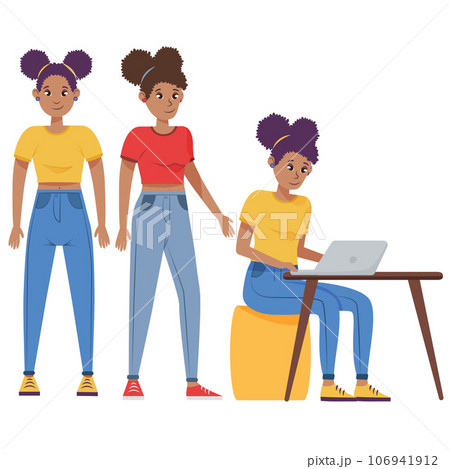 Set of flat design young black afro american woman characters, various poses and gestures and everyday activities. Studying, working.Vector illustration 106941912