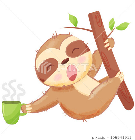 Cute Sloth Sleeping With Coffee Cup Cartoon Vector Icon Illustration. Animal Drink Icon Concept Isolated Premium Vector. Cartoon Style 106941913