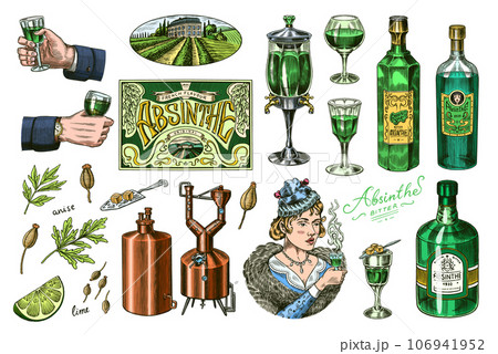 Bottle of Absinthe Glass shot. Woman holding a toast drink. Pot Swan necked copper stills distillery Bottle of Absinthe Glass shot. Woman holding a toast drink. Pot Swan necked copper stills distillery 106941952