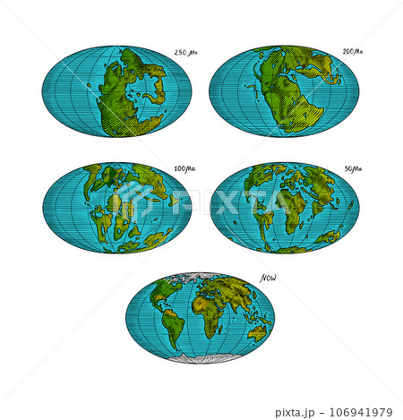 Plate tectonics on the planet Earth. Pangaea. Continental drift. Supercontinent at 250 Ma. Era of 106941979